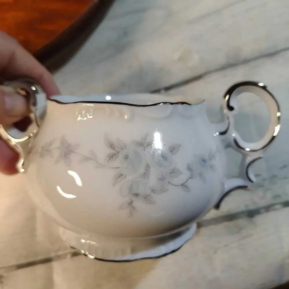 MIKASA Barbizon Pattern Sugar Bowl Dish w/ Lid & Creamer Blue Flowers Silver Rim
